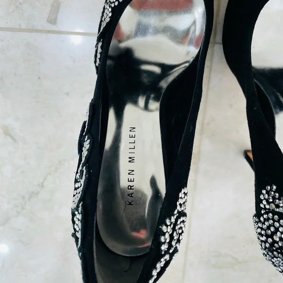 KAREN MILLEN {6} Black Silver Beaded Pumps Peep Toe Stiletto - Picture 11 of 16